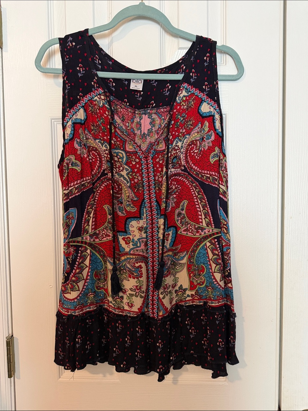 Bila Navy Paisley Print Sleeveless Tank with Red Accents